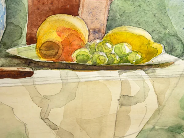 Fruit on the table, watercolor painting. Watercolor on paper texture. Texture of watercolor painting.