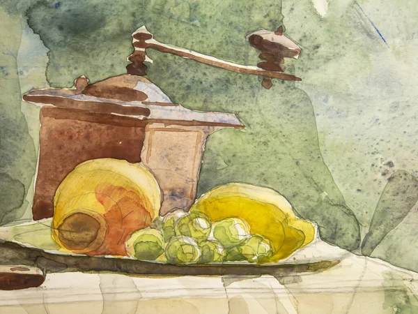Fruit on the table, watercolor painting. Watercolor on paper texture. Texture of watercolor painting.