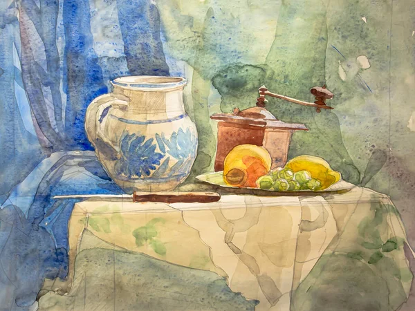 テーブルの上のジャグ コーヒーグラインダーとフルーツ 水彩画 紙の質感に水彩 水彩画の質感 — ストック写真