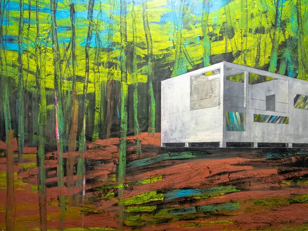 Építészeti Projekt Erdőben Fák Építészet Olajfestmény Vászonra Art Grunge Szín — Stock Fotó