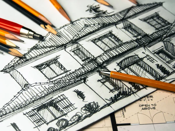 Ręcznie Robione Szkice Ręcznie Robione Rysunki Projekt Architektoniczny Rysowanie Toku — Zdjęcie stockowe