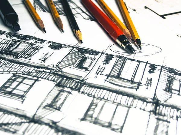 Ручное Рисование Ручная Работа Архитектурное Проектирование Рисование Продолжается Рисунок Столе — стоковое фото