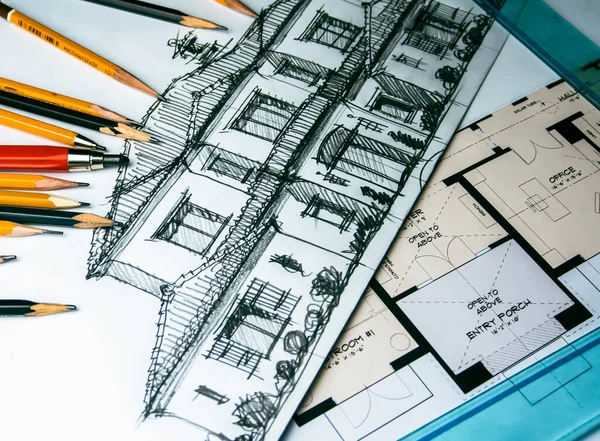 Ручное Рисование Ручная Работа Архитектурное Проектирование Рисование Продолжается Рисунок Столе — стоковое фото