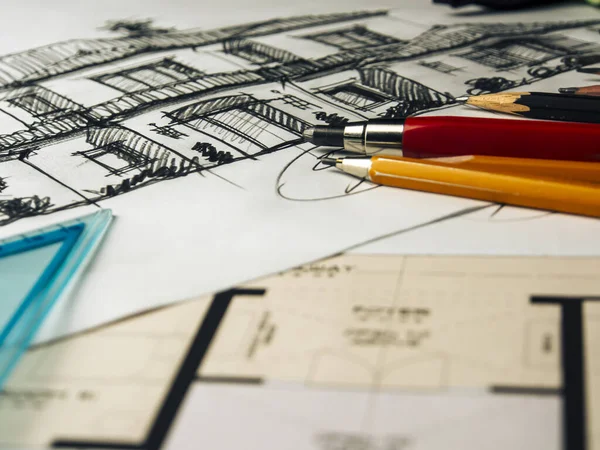 Ręcznie Robione Szkice Ręcznie Robione Rysunki Projekt Architektoniczny Rysowanie Toku — Zdjęcie stockowe