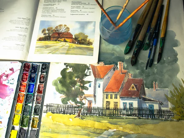 Aquarellmalerei Gange Aquarellmalerei Atelier Zeichnen Lernen Mit Aquarellfarben — Stockfoto