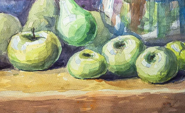Grüne Äpfel Aquarell Atelier Aquarell Gemälde Mit Grünen Äpfeln Auf — Stockfoto