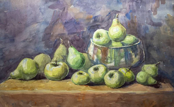 スタジオで緑のリンゴ水彩画 テーブルの上に緑のリンゴと水彩画の絵 — ストック写真