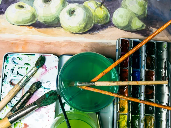 Apprendre Dessiner Des Pommes Vertes Avec Des Peintures Aquarelles Aquarelle — Photo