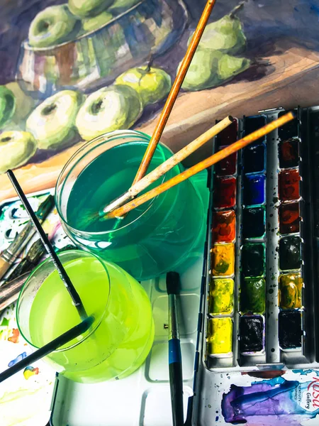 Apprendre Dessiner Des Pommes Vertes Avec Des Peintures Aquarelles Aquarelle — Photo