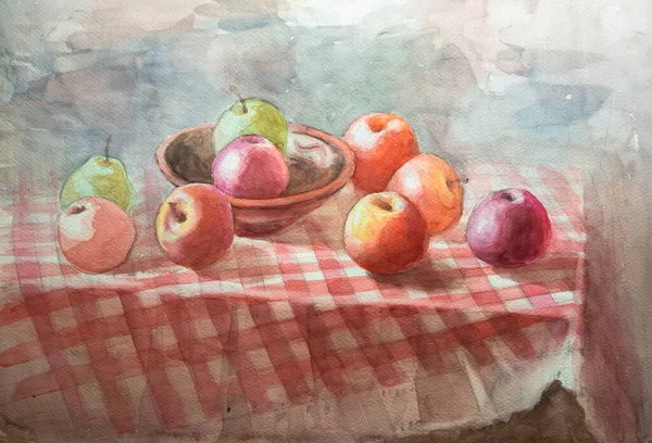 リンゴはテーブルの上にある 水彩画 イラスト 水彩画 皿の中のリンゴ — ストック写真