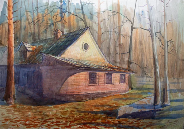 Starożytny Dom Lesie Kijów Ukraina Krajobraz Lasu Domem Malarstwo Akwarelowe — Zdjęcie stockowe