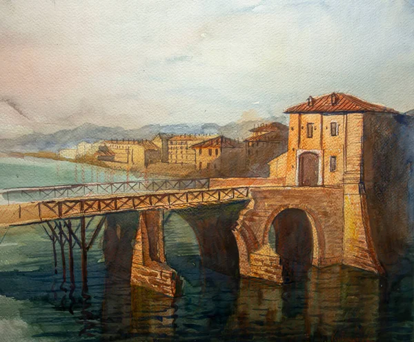 Architettura Medievale Ponte Sul Fiume Pittura Acquerello Illustrazione Pittura Acquerello — Foto Stock