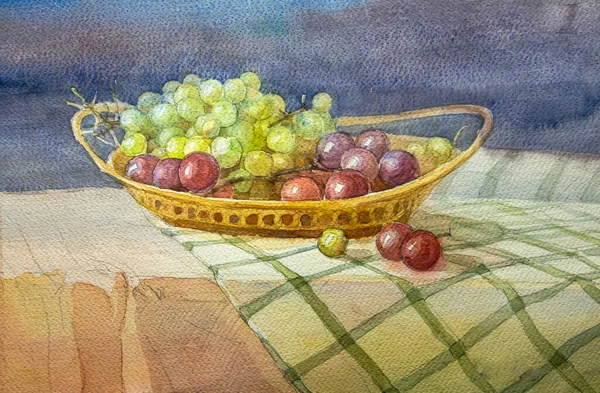 テーブルの上のブドウとまだ生命 テーブルの上のバスケットにブドウ 水彩画 イラスト — ストック写真