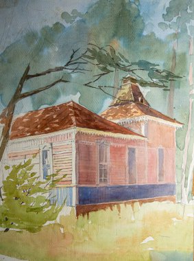 Ormandaki antik ev, Pushcha-Vodytsya Kyiv, Ukrayna. Bir evi olan orman manzarası. Suluboya resim, çizim. Suluboya sanat eserleri.
