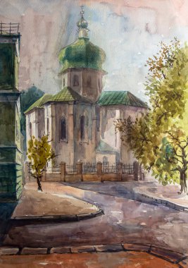 Ukrayna 'nın Kyiv şehrinde. Podil 'in tarihi mimarisi, Kyiv. Kyiv caddeleri. Kiev 'deki kilise, suluboya resim, illüstrasyon. Suluboya resim, şehir manzarası. Kyiv görünümleri.
