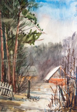 Ukrayna, Kyiv ormanında eski bir ev. Bir evi olan orman manzarası. Suluboya resim, çizim. Suluboya sanat eserleri.