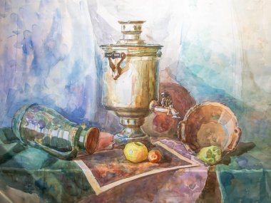 Büyük bir çaydanlık, seramik sürahi, elmalar, kumaşlarla dolu bir hayat. Suluboya resim, çizim. Suluboya sanat eserleri.
