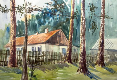 Ukrayna, Kyiv ormanında eski bir ev. Bir evi olan orman manzarası. Suluboya resim, çizim. Suluboya sanat eserleri.