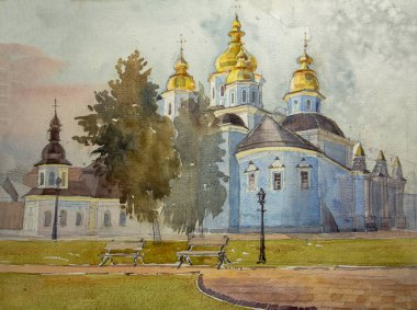 St. Michael 's Golden Domed Manastırı, Kyiv, Ukrayna. Kyiv 'in tarihi mimarisi. Kyiv caddeleri. Suluboya resim, çizim. Suluboya resim, şehir manzarası. Kyiv görünümleri.