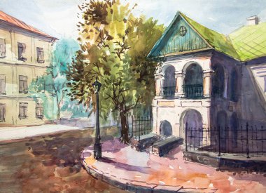 Ukrayna 'nın Kyiv şehrinde. Podil 'in tarihi mimarisi, Kyiv. Kyiv caddeleri. Suluboya resim, çizim. Suluboya sanat eserleri, şehir manzarası.