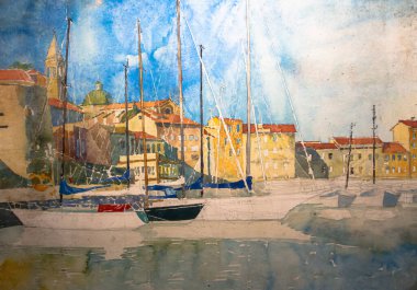 Deniz teması. Tekneli körfez. Yelkenli tekneler ve eski mimari. Antik mimari. Suluboya resim, çizim. Suluboya sanat eserleri.