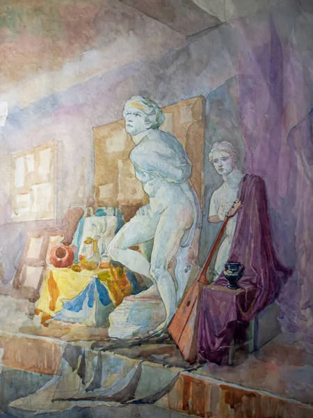 内部有石膏雕像 艺术学院的内部 静物画水彩画 水彩画 — 图库照片
