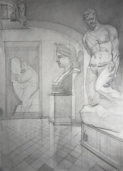 内部有石膏雕像 艺术学院的内部 黑白画 手工制作 — 图库照片