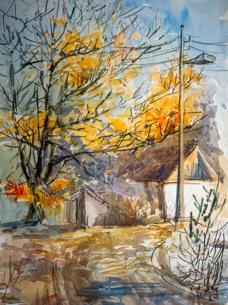 Äldre Hus Skogen Kiev Ukraina Skogslandskap Med Hus Akvarellmålning Illustration — Stockfoto