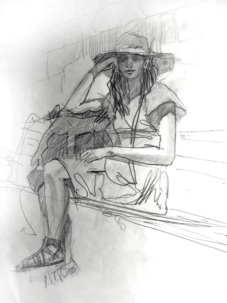 戴帽子戴眼镜的女孩坐在长椅上 铅笔绘图 — 图库照片