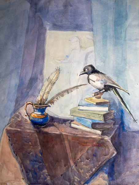 Stillleben Mit Einem Vogel Büchern Federn Gips Flachrelief Vorhängen Aquarellmalerei — Stockfoto
