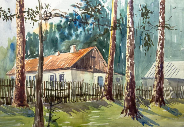 Ősi Ház Erdőben Kijev Ukrajna Erdei Táj Házzal Akvarell Festés — Stock Fotó