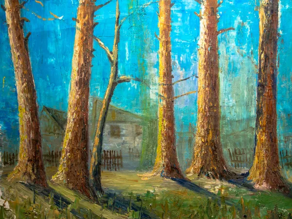 松の幹と森の風景 キャンバス 油絵具 芸術作品 — ストック写真