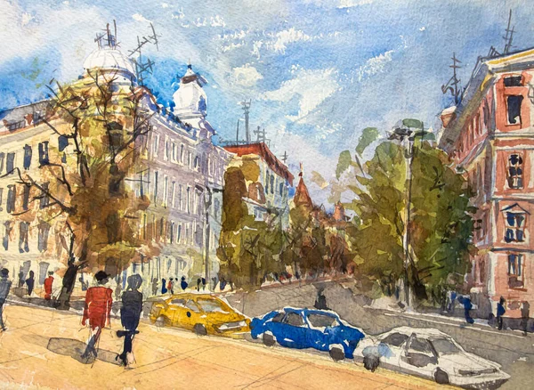 Ukrayna 'nın Kyiv şehrinde. Kyiv 'in tarihi mimarisi. Suluboya resim, çizim. Suluboya sanat eserleri, şehir manzarası.