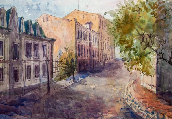 ウクライナのキエフのダウンタウン キエフのポディルの歴史的建造物 キエフの通り 水彩画 イラスト 水彩画 都市風景 — ストック写真