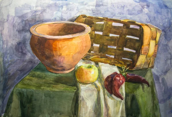 粘土のジャグ コショウ リンゴ バスケット ドレープラリーでまだ生活します 水彩画 イラスト 水彩画 — ストック写真
