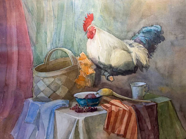 Stillleben Mit Einem Hahn Einem Korb Einem Kochlöffel Einer Tasse — Stockfoto