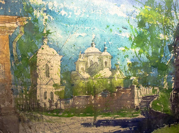 ウクライナのキエフのダウンタウン キエフのポディルの歴史的建造物 キエフの通り キエフの教会 水彩画 イラスト 水彩画 都市の風景 キエフの眺め — ストック写真