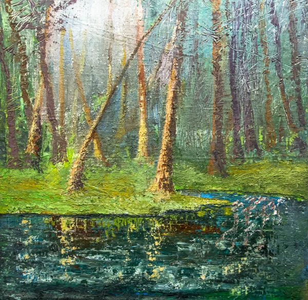 Skogslandskap Med Flod Sommaren Ukraina Olja Duk Målning Illustration Konstverk — Stockfoto