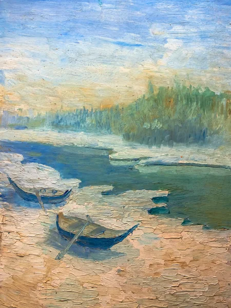 Vinterlandskap Med Båt Och Flod Ukraina Olja Duk Målning Illustration — Stockfoto
