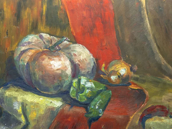 カボチャとまだ生活 タマネギ コショウ ドレープラリー キャンバス上の油絵 — ストック写真