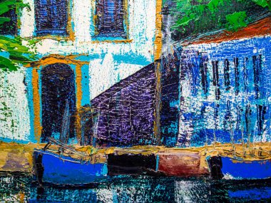 Resmin renkli yüzeyi. Resmin dokusu. Resim fraktürü boyama. Renkli doku. Soyut arkaplan. Yağlı boya, mavi, sarı, siyah, beyaz renklerle..