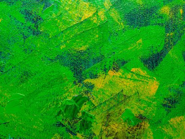 Resmin renkli yüzeyi. Resmin dokusu. Resim fraktürü boyama. Renkli doku. Soyut arkaplan. Yeşil, siyah, sarı renklerle yağlı boya..