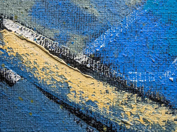 Colorful surface of the painting on canvas. Painting artwork facture. Colorful texture. Abstract background. Oil painting on canvas with blue, black, gray, ochre, white colors.