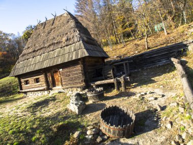 Ulusal Halk Mimarisi Müzesi ve Ukrayna Hayatı. Geleneksel ahşap evler, Pyrohiv, Kyiv, Ukrayna. Açık hava müzesi, doğa rezervi..
