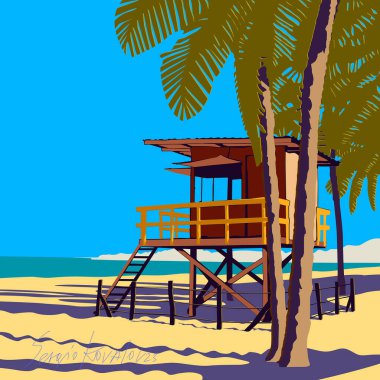 Akşam Rio de Janeiro 'daki garsonun kulesine bakın. Gün batımında cankurtaran istasyonu. Gün batımında boş cankurtaran kulesi, Brezilya.