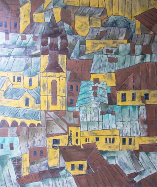 Lviv, Ukrayna 'nın merkezi. Tuval üzerinde çok renkli akrilik resmin soyut arkaplanı. Tablonun ayrıntıları.