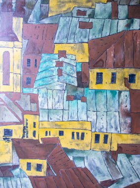 Lviv, Ukrayna 'nın merkezi. Tuval üzerinde çok renkli akrilik resmin soyut arkaplanı. Tablonun ayrıntıları.