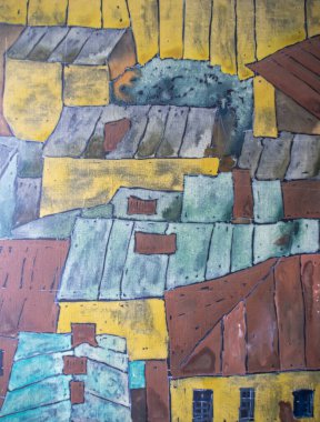 Lviv, Ukrayna 'nın merkezi. Tuval üzerinde çok renkli akrilik resmin soyut arkaplanı. Tablonun ayrıntıları.