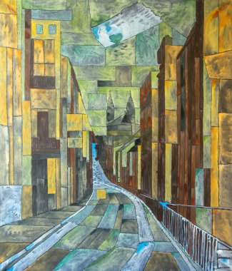 Lviv, Ukrayna 'nın merkezi. Tuval üzerinde çok renkli akrilik resmin soyut arkaplanı. Tablonun ayrıntıları.