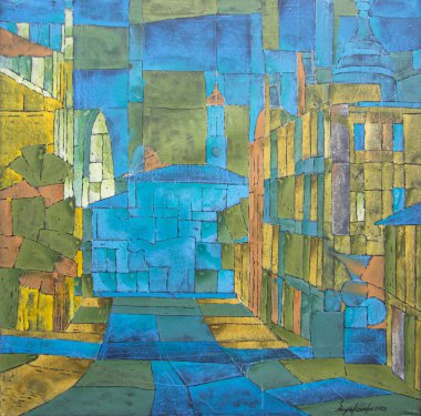 Ukrayna, Kyiv 'in merkezinin manzarası. Tuval üzerinde çok renkli akrilik resmin soyut arkaplanı. Tablonun ayrıntıları.